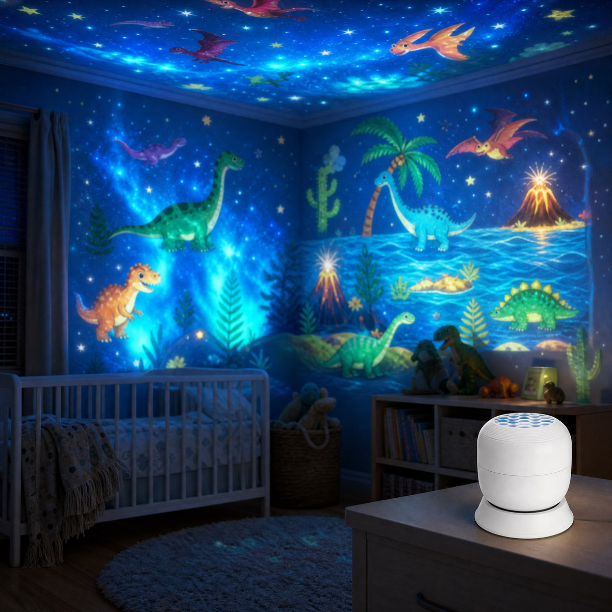 Dinosaur projection filling a kids bedroom at night