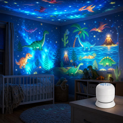 Dinosaur projection filling a kids bedroom at night